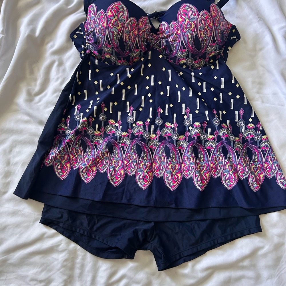 Navy Paisley Print Tankini with Boyshorts - Pink & Navy
